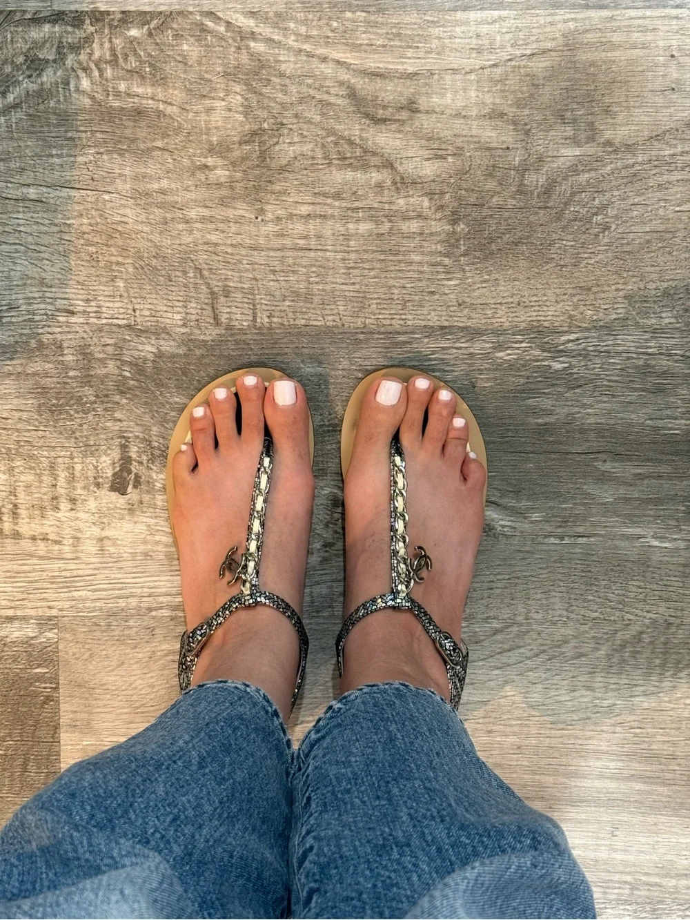 Authentic Chanel Silver/Ivory leather thong sandals